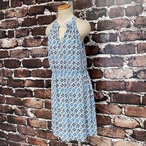 Mud Pie Blouson Dress NWT Buttons Midi Sleeveless Geometric Blue Size Large L - Picture 6 of 16